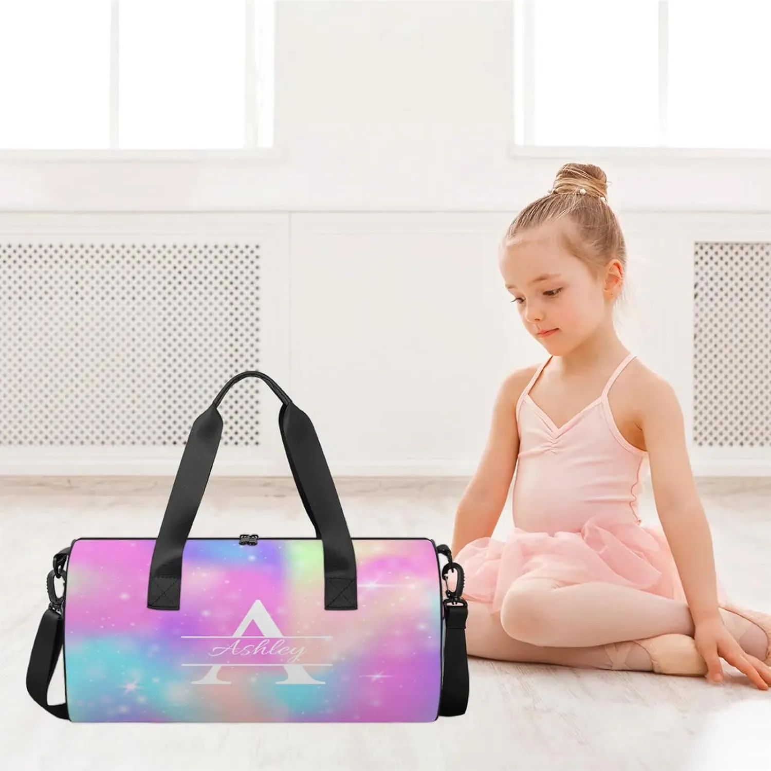 Custom Sports Duffel Bag Personalized Name Dance Gym Bag for Women Men Overnight Weekender Travel Duffel Bags Lightweight 17.6in, Rainbow Sparkly