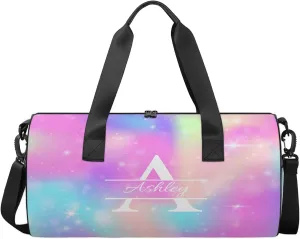 Custom Sports Duffel Bag Personalized Name Dance Gym Bag for Women Men Overnight Weekender Travel Duffel Bags Lightweight 17.6in, Rainbow Sparkly