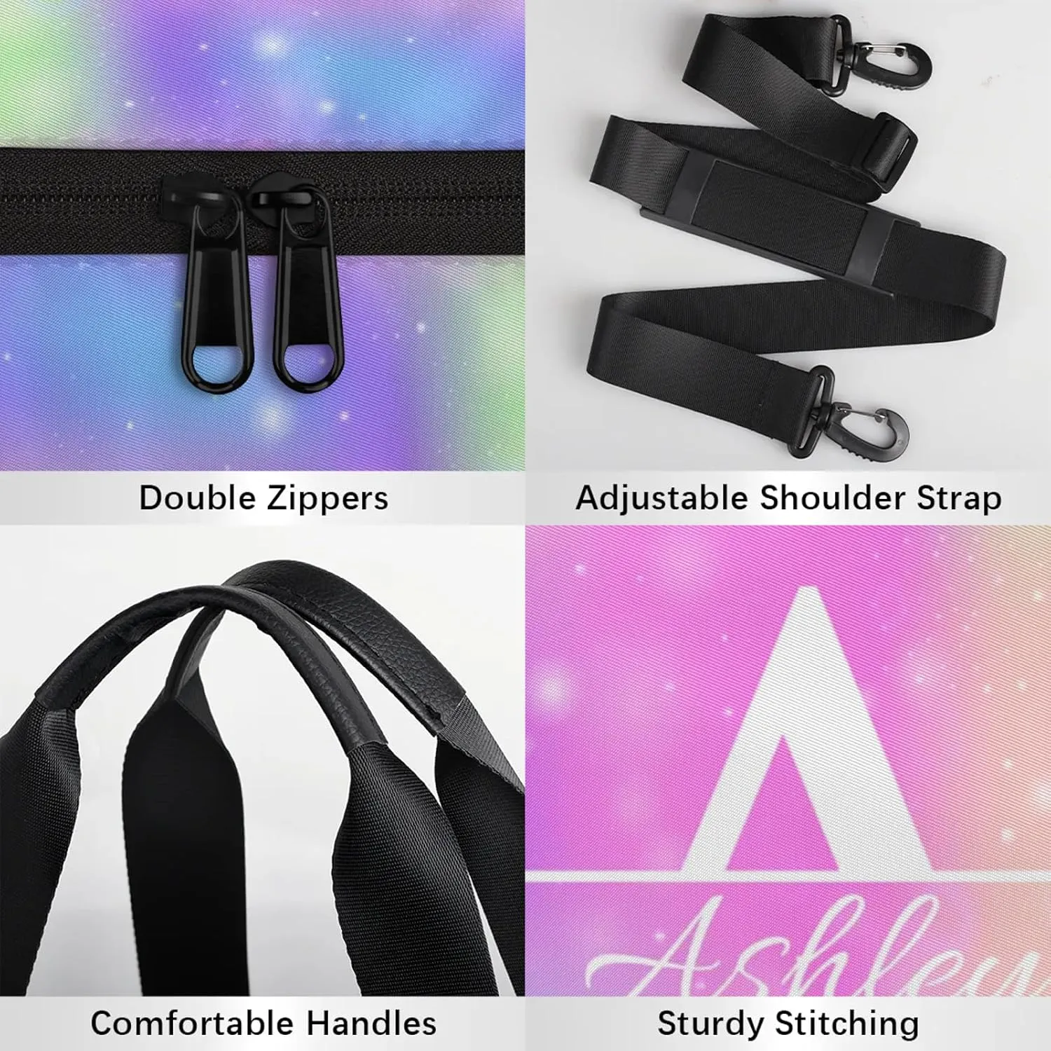 Custom Sports Duffel Bag Personalized Name Dance Gym Bag for Women Men Overnight Weekender Travel Duffel Bags Lightweight 17.6in, Rainbow Sparkly