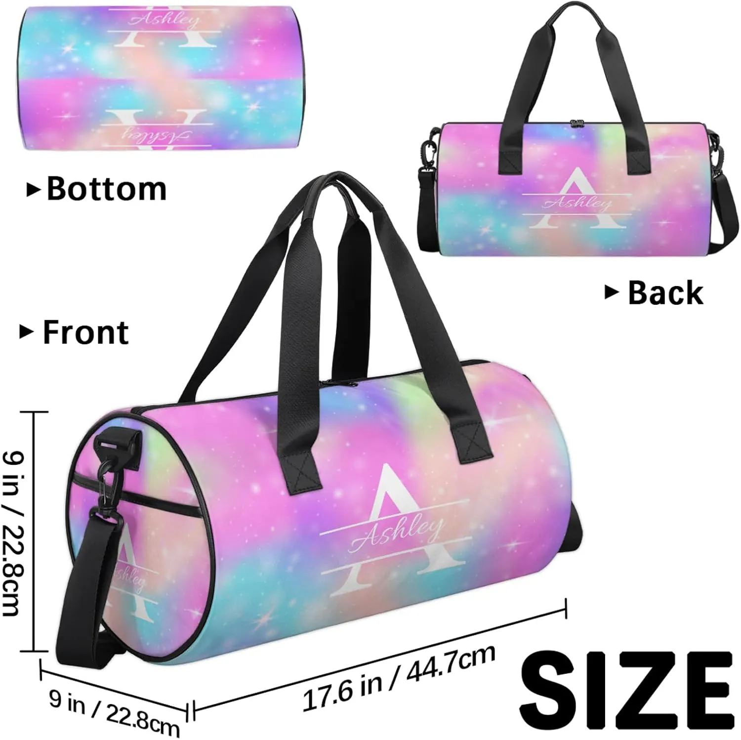 Custom Sports Duffel Bag Personalized Name Dance Gym Bag for Women Men Overnight Weekender Travel Duffel Bags Lightweight 17.6in, Rainbow Sparkly