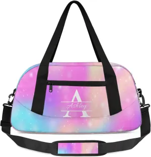 Custom Sports Duffel Bag Personalized Name Dance Gym Bag for Women Men Overnight Weekender Travel Duffel Bags Lightweight 18.5in, Rainbow Sparkly