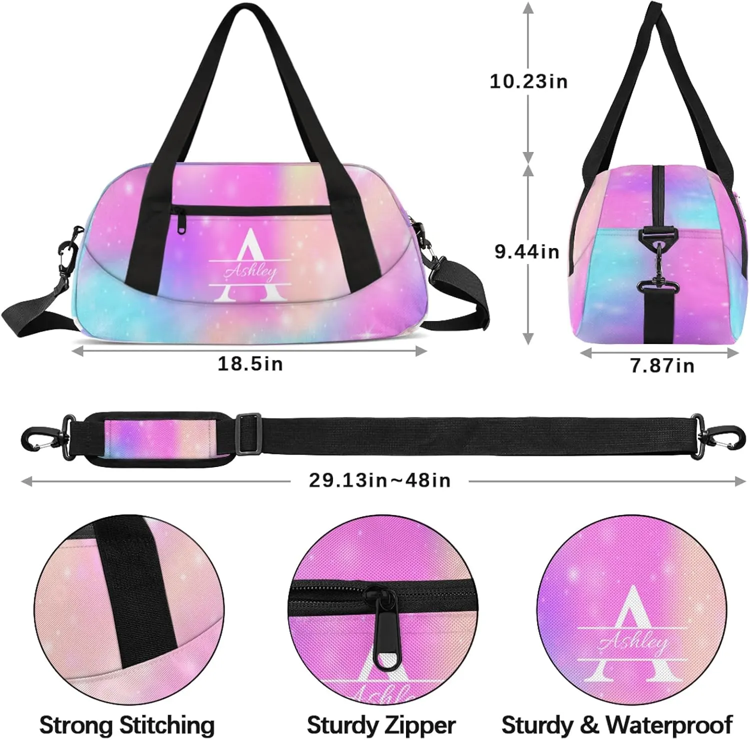 Custom Sports Duffel Bag Personalized Name Dance Gym Bag for Women Men Overnight Weekender Travel Duffel Bags Lightweight 18.5in, Rainbow Sparkly