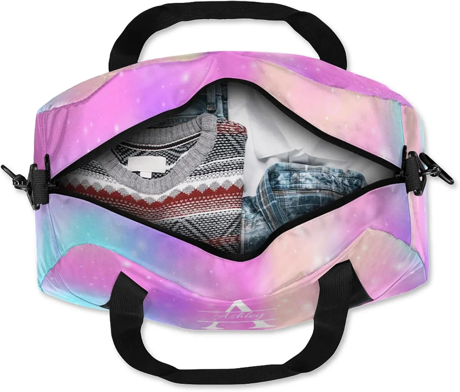 Custom Sports Duffel Bag Personalized Name Dance Gym Bag for Women Men Overnight Weekender Travel Duffel Bags Lightweight 18.5in, Rainbow Sparkly