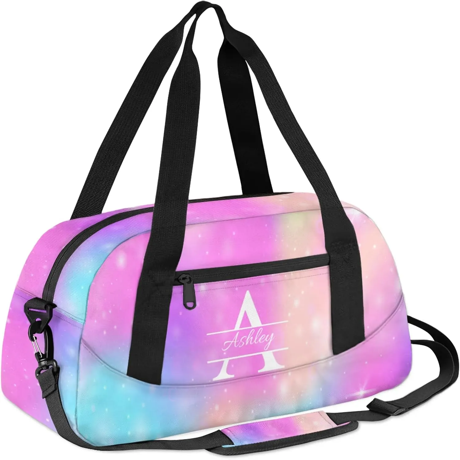 Custom Sports Duffel Bag Personalized Name Dance Gym Bag for Women Men Overnight Weekender Travel Duffel Bags Lightweight 18.5in, Rainbow Sparkly