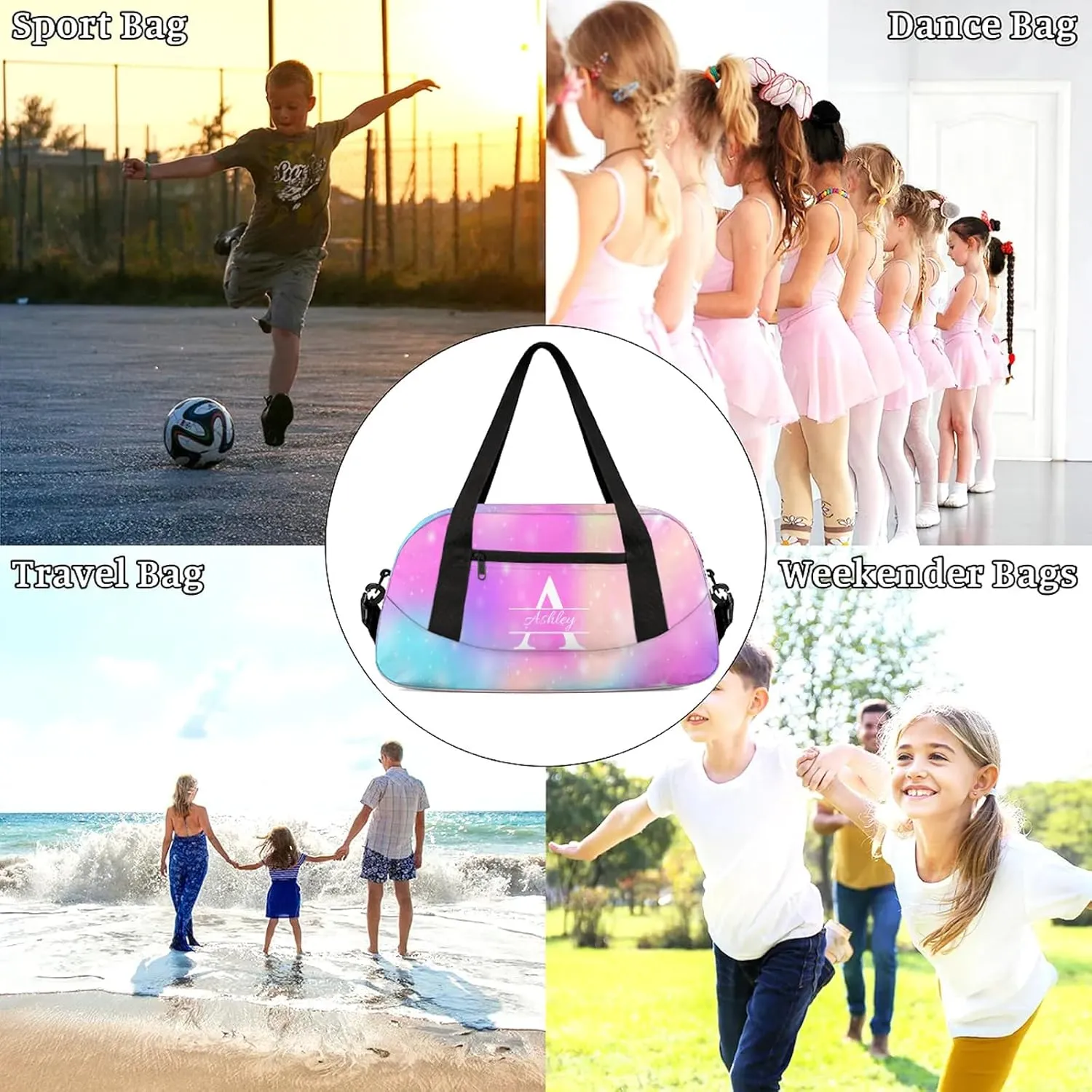 Custom Sports Duffel Bag Personalized Name Dance Gym Bag for Women Men Overnight Weekender Travel Duffel Bags Lightweight 18.5in, Rainbow Sparkly