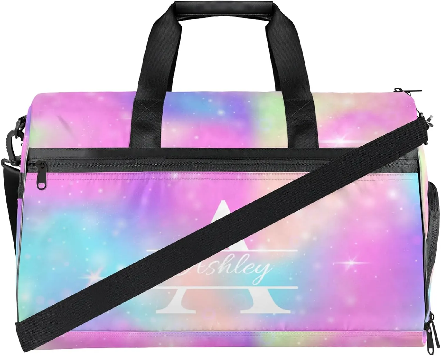 Custom Sports Duffel Bag with Shoe Compartment Personalized Name Dance Gym Bag for Women Overnight Weekender Travel Duffel Bags, Rainbow Sparkly