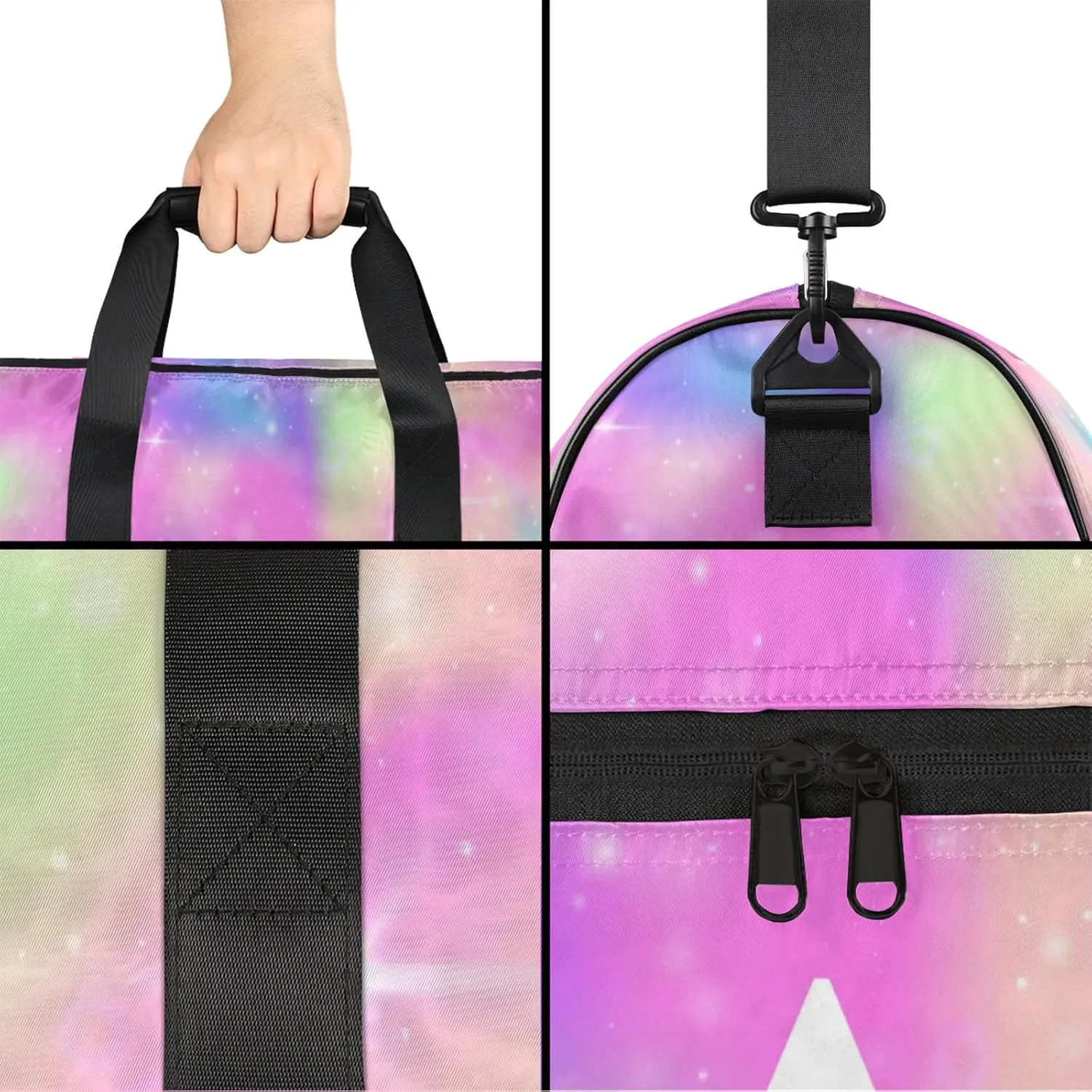 Custom Sports Duffel Bag with Shoe Compartment Personalized Name Dance Gym Bag for Women Overnight Weekender Travel Duffel Bags, Rainbow Sparkly