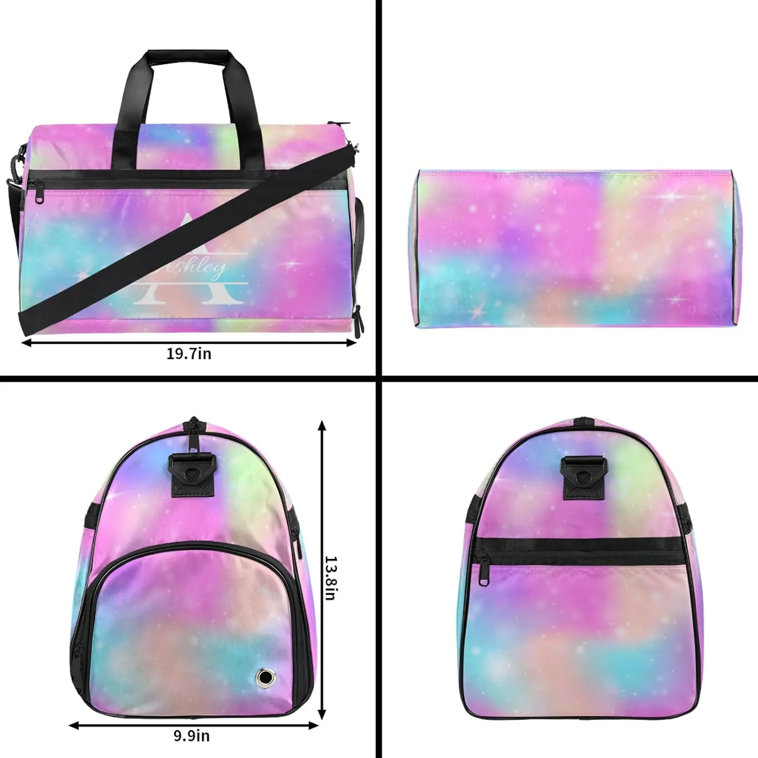 Custom Sports Duffel Bag with Shoe Compartment Personalized Name Dance Gym Bag for Women Overnight Weekender Travel Duffel Bags, Rainbow Sparkly
