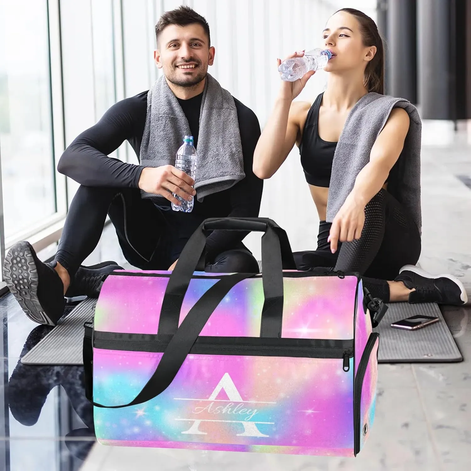 Custom Sports Duffel Bag with Shoe Compartment Personalized Name Dance Gym Bag for Women Overnight Weekender Travel Duffel Bags, Rainbow Sparkly