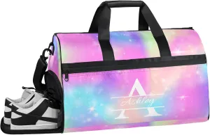 Custom Sports Duffel Bag with Shoe Compartment Personalized Name Dance Gym Bag for Women Overnight Weekender Travel Duffel Bags, Rainbow Sparkly