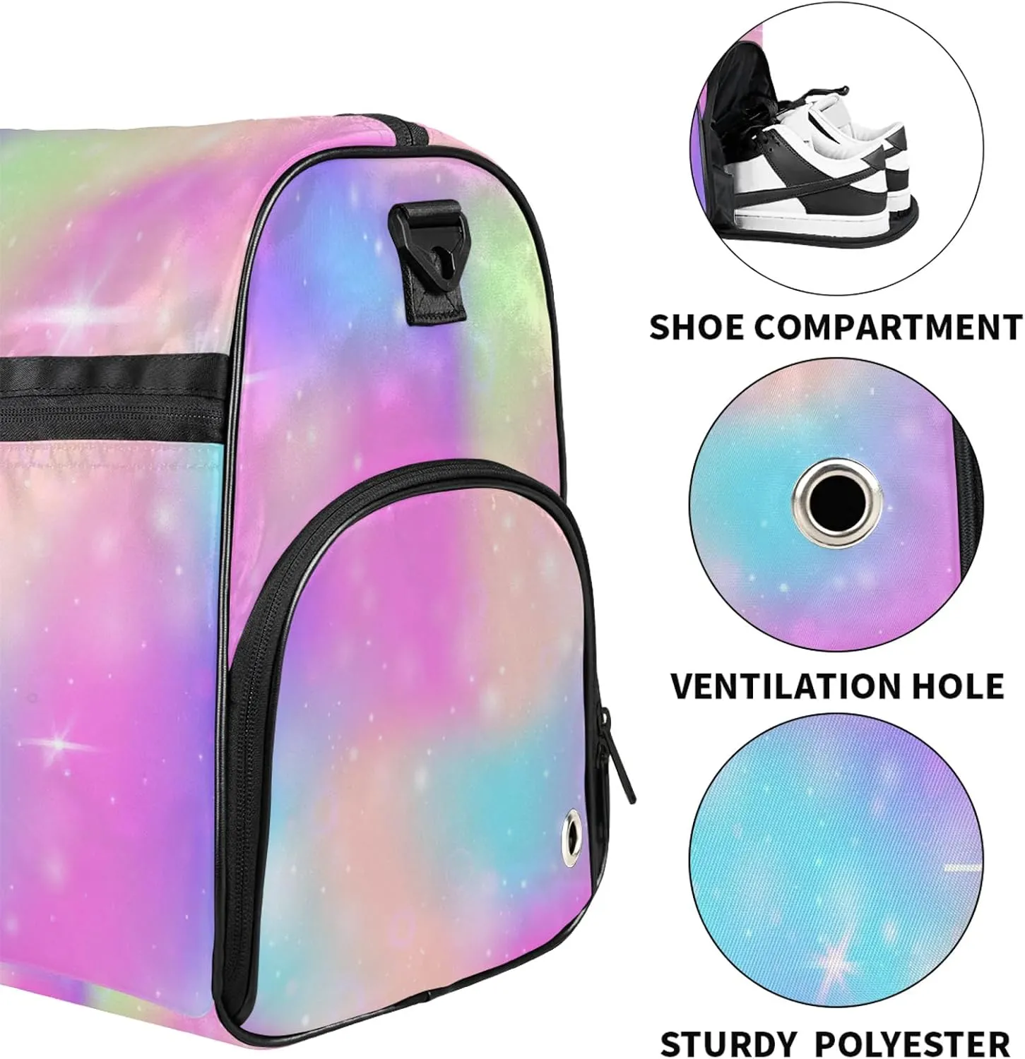 Custom Sports Duffel Bag with Shoe Compartment Personalized Name Dance Gym Bag for Women Overnight Weekender Travel Duffel Bags, Rainbow Sparkly