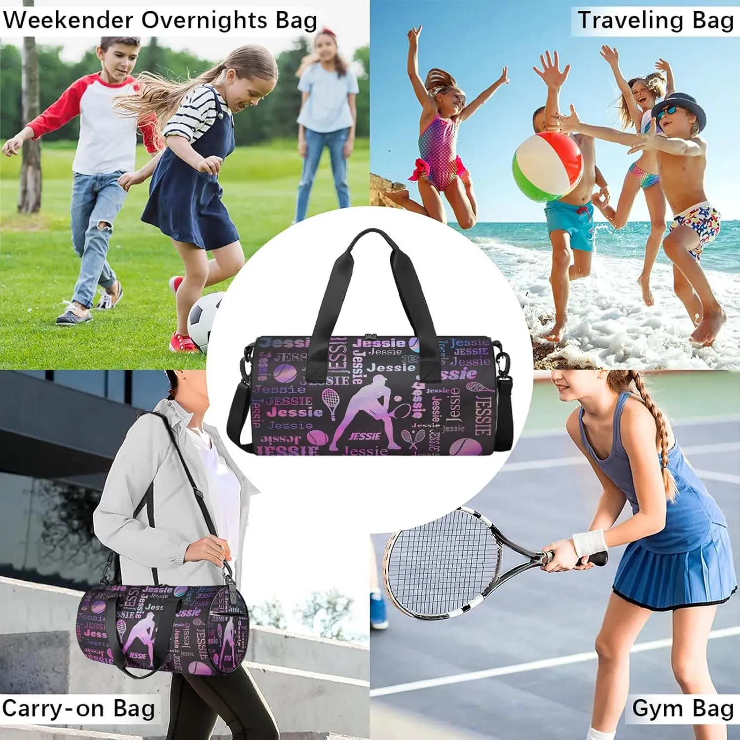Custom Tennis Sport Bags Personalized Sports Gym Bag with Name Overnight Weekender Duffel Bag Customized Gifts for Women Men, Sparkly