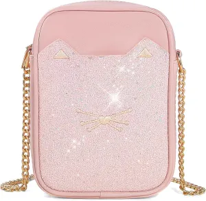 Cute Crossbody Purse for Teen Girls Sparkly Cat Purse Small Crossbody Bags for Women Gift with Chain Strap