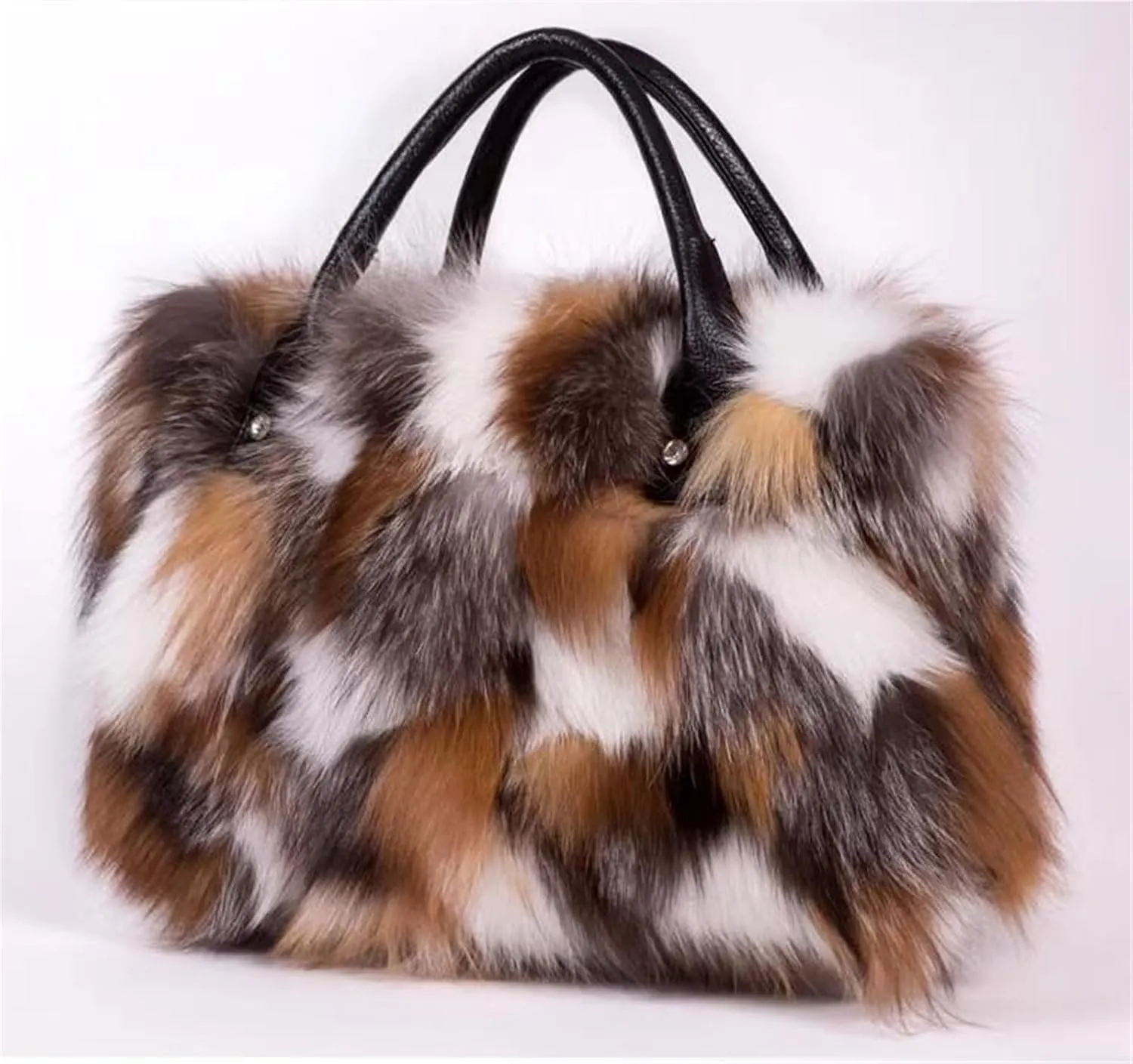 D-01 Luxury Real Fox Fur Handbag For Women Ladies Furry Shoulder Bag Purse Colorful Silver Bags Big Capacity Fashion (One Size, Brown)