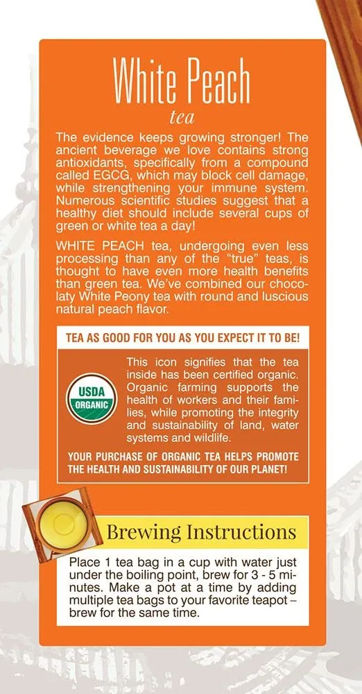 Davidson's Organics, White Peach, 25-count Tea Bags, Pack of 6