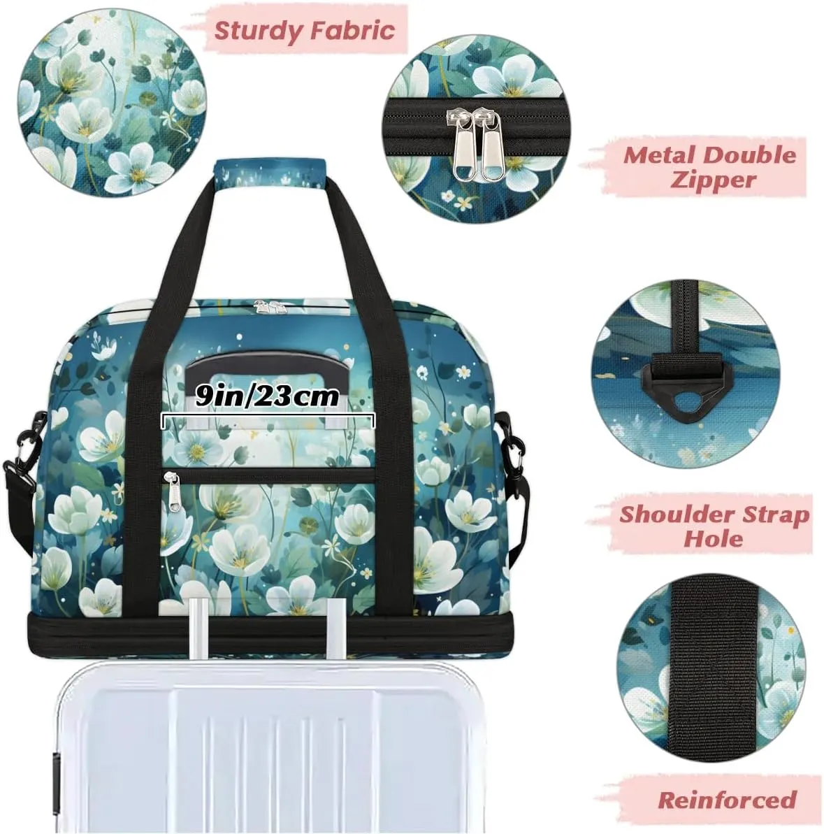 Delicate Flora Beauty Printingings Travel Duffle Bag, Collapsible Travel Bag Sports Gym Bag With Shoes Compartment Weekender Bag Overnight Bag For Women Men