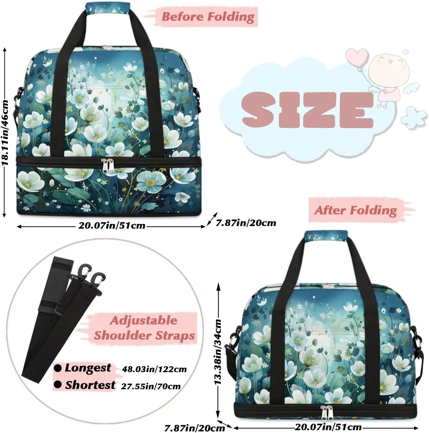 Delicate Flora Beauty Printingings Travel Duffle Bag, Collapsible Travel Bag Sports Gym Bag With Shoes Compartment Weekender Bag Overnight Bag For Women Men