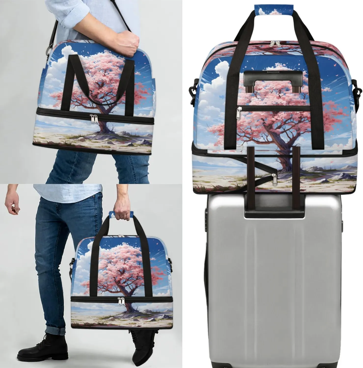 Delicate Flora Patterns Beauty Travel Duffle Bag, Collapsible Travel Bag Sports Gym Bag With Shoes Compartment Weekender Bag Overnight Bag For Women Men