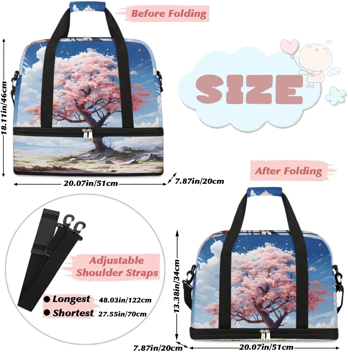 Delicate Flora Patterns Beauty Travel Duffle Bag, Collapsible Travel Bag Sports Gym Bag With Shoes Compartment Weekender Bag Overnight Bag For Women Men