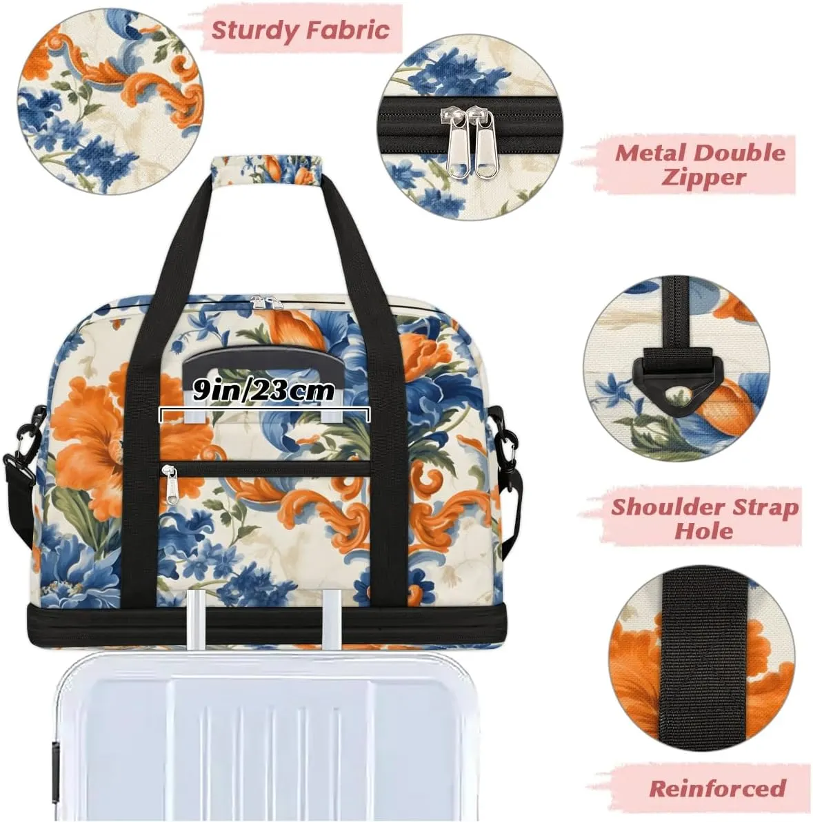 Delicate Flora Patterns Retro Travel Duffle Bag, Collapsible Travel Bag Sports Gym Bag With Shoes Compartment Weekender Bag Overnight Bag For Women Men