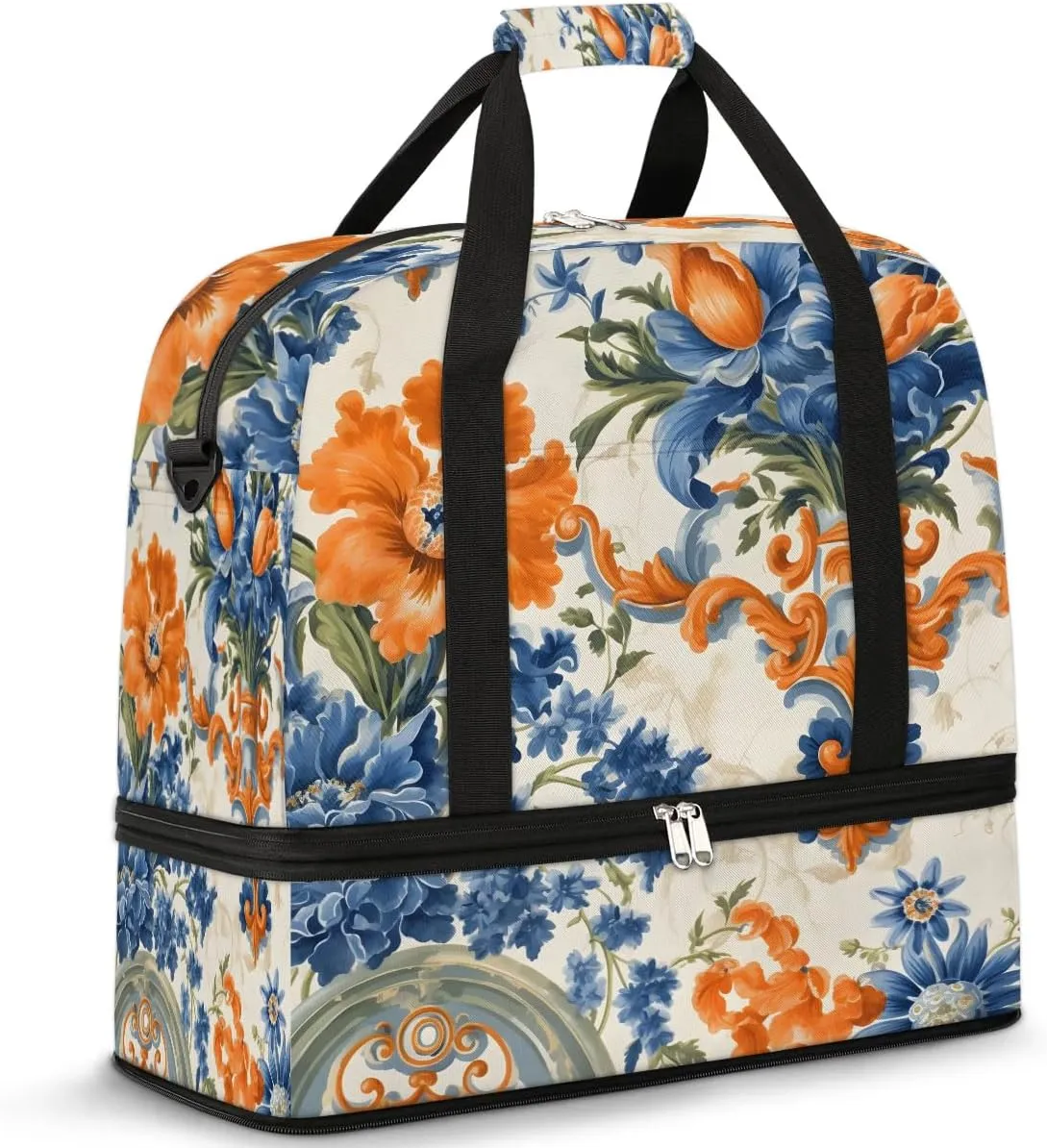 Delicate Flora Patterns Retro Travel Duffle Bag, Collapsible Travel Bag Sports Gym Bag With Shoes Compartment Weekender Bag Overnight Bag For Women Men