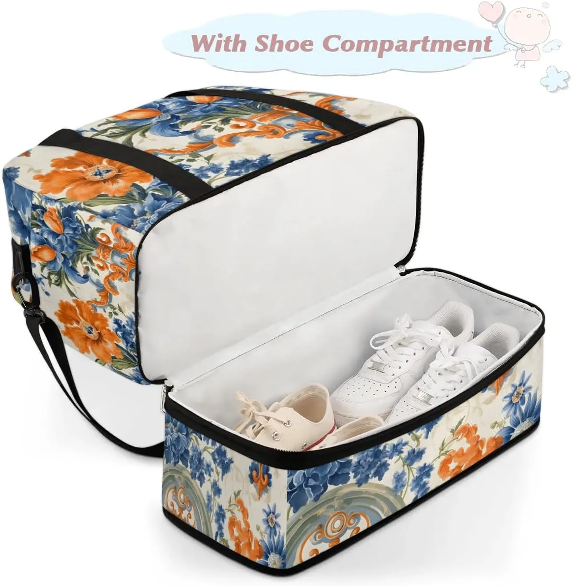 Delicate Flora Patterns Retro Travel Duffle Bag, Collapsible Travel Bag Sports Gym Bag With Shoes Compartment Weekender Bag Overnight Bag For Women Men