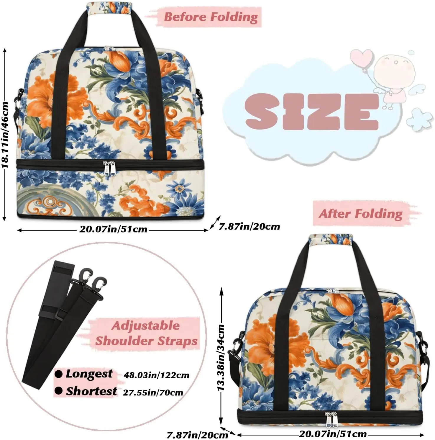 Delicate Flora Patterns Retro Travel Duffle Bag, Collapsible Travel Bag Sports Gym Bag With Shoes Compartment Weekender Bag Overnight Bag For Women Men