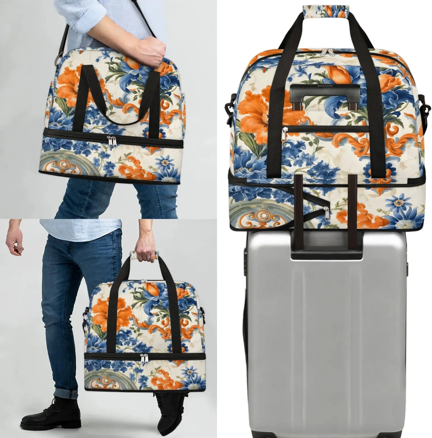Delicate Flora Patterns Retro Travel Duffle Bag, Collapsible Travel Bag Sports Gym Bag With Shoes Compartment Weekender Bag Overnight Bag For Women Men