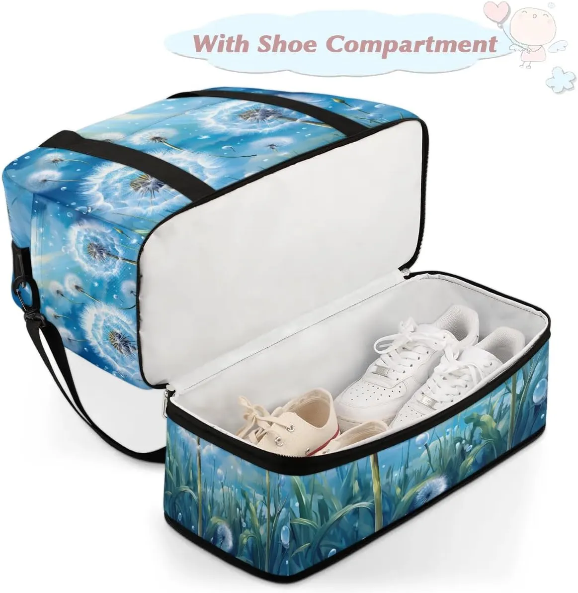 Delicate Flora Print Blowball Travel Duffle Bag, Collapsible Travel Bag Sports Gym Bag With Shoes Compartment Weekender Bag Overnight Bag For Women Men