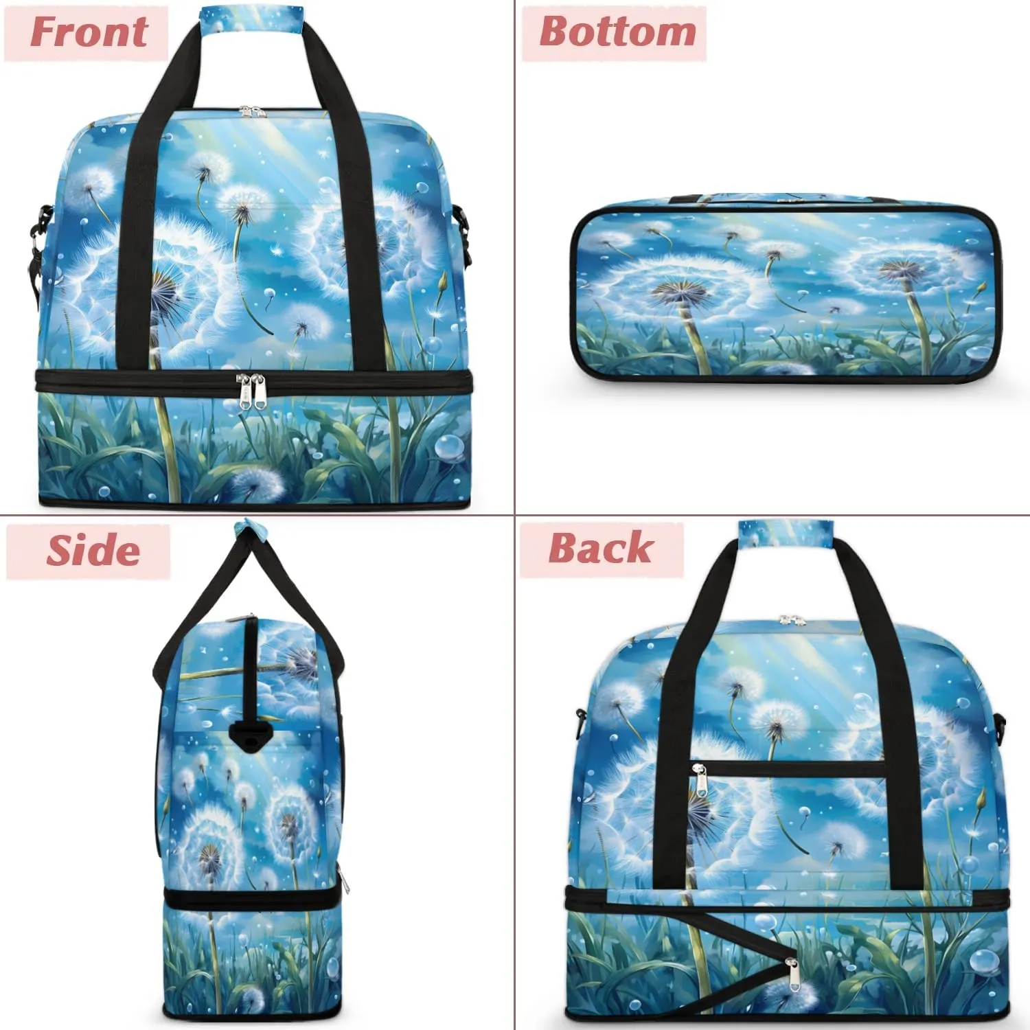 Delicate Flora Print Blowball Travel Duffle Bag, Collapsible Travel Bag Sports Gym Bag With Shoes Compartment Weekender Bag Overnight Bag For Women Men
