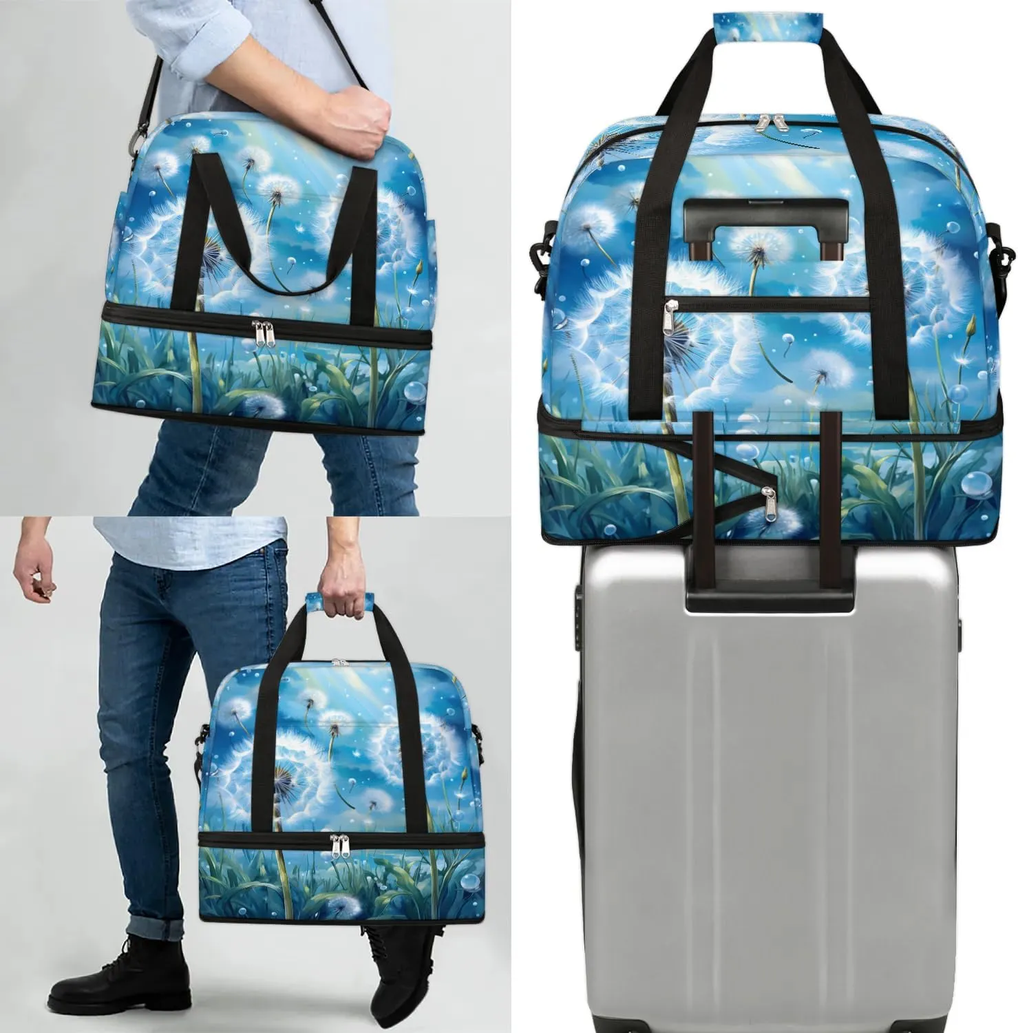 Delicate Flora Print Blowball Travel Duffle Bag, Collapsible Travel Bag Sports Gym Bag With Shoes Compartment Weekender Bag Overnight Bag For Women Men