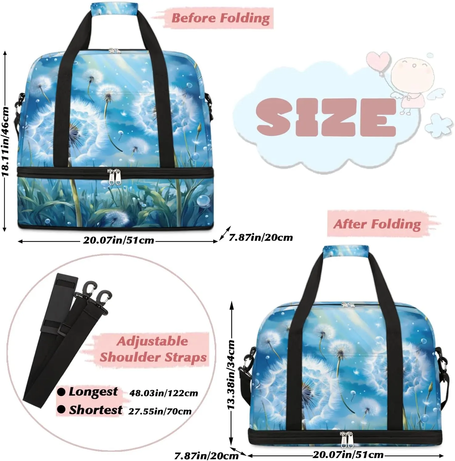 Delicate Flora Print Blowball Travel Duffle Bag, Collapsible Travel Bag Sports Gym Bag With Shoes Compartment Weekender Bag Overnight Bag For Women Men