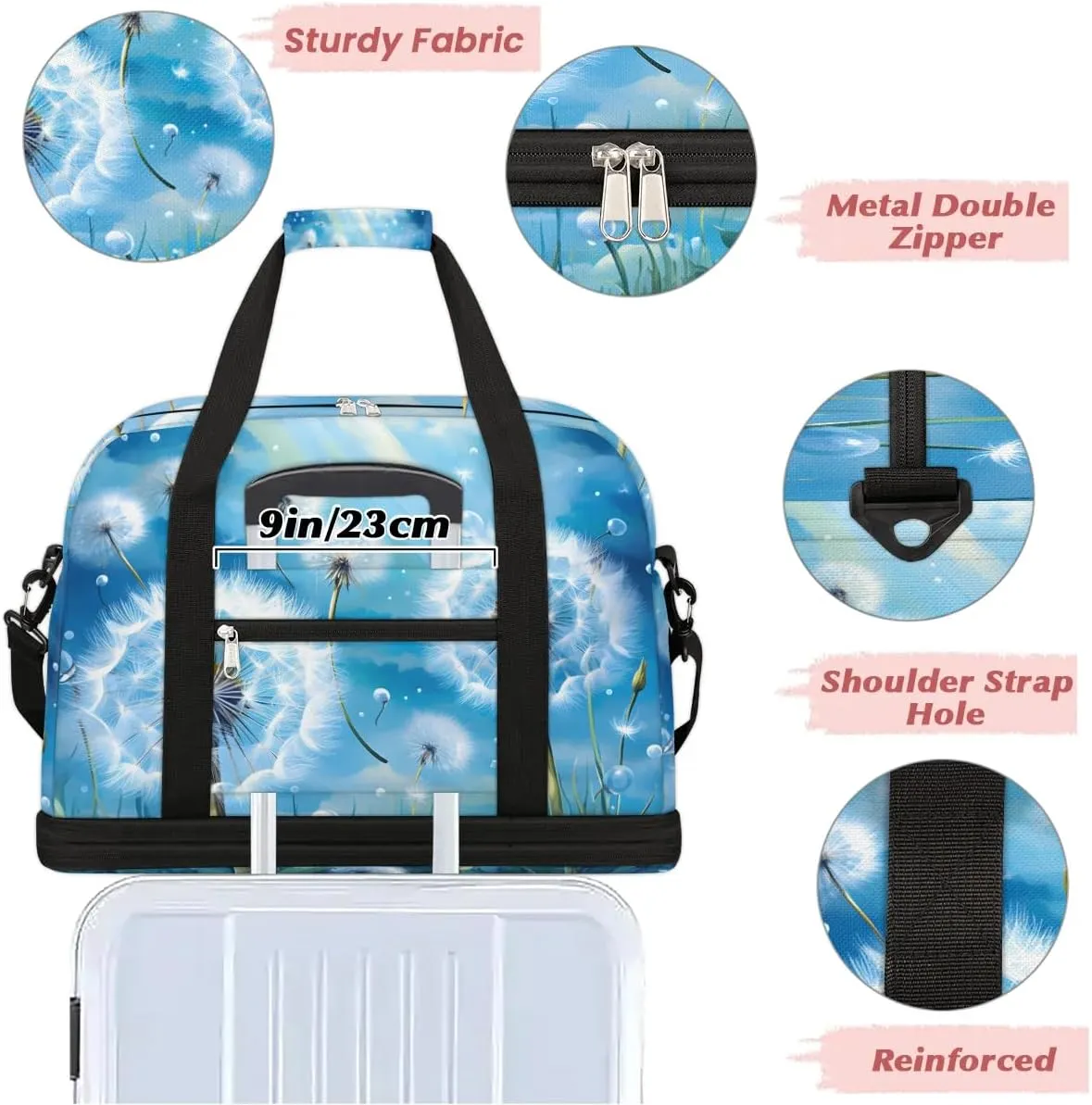 Delicate Flora Print Blowball Travel Duffle Bag, Collapsible Travel Bag Sports Gym Bag With Shoes Compartment Weekender Bag Overnight Bag For Women Men