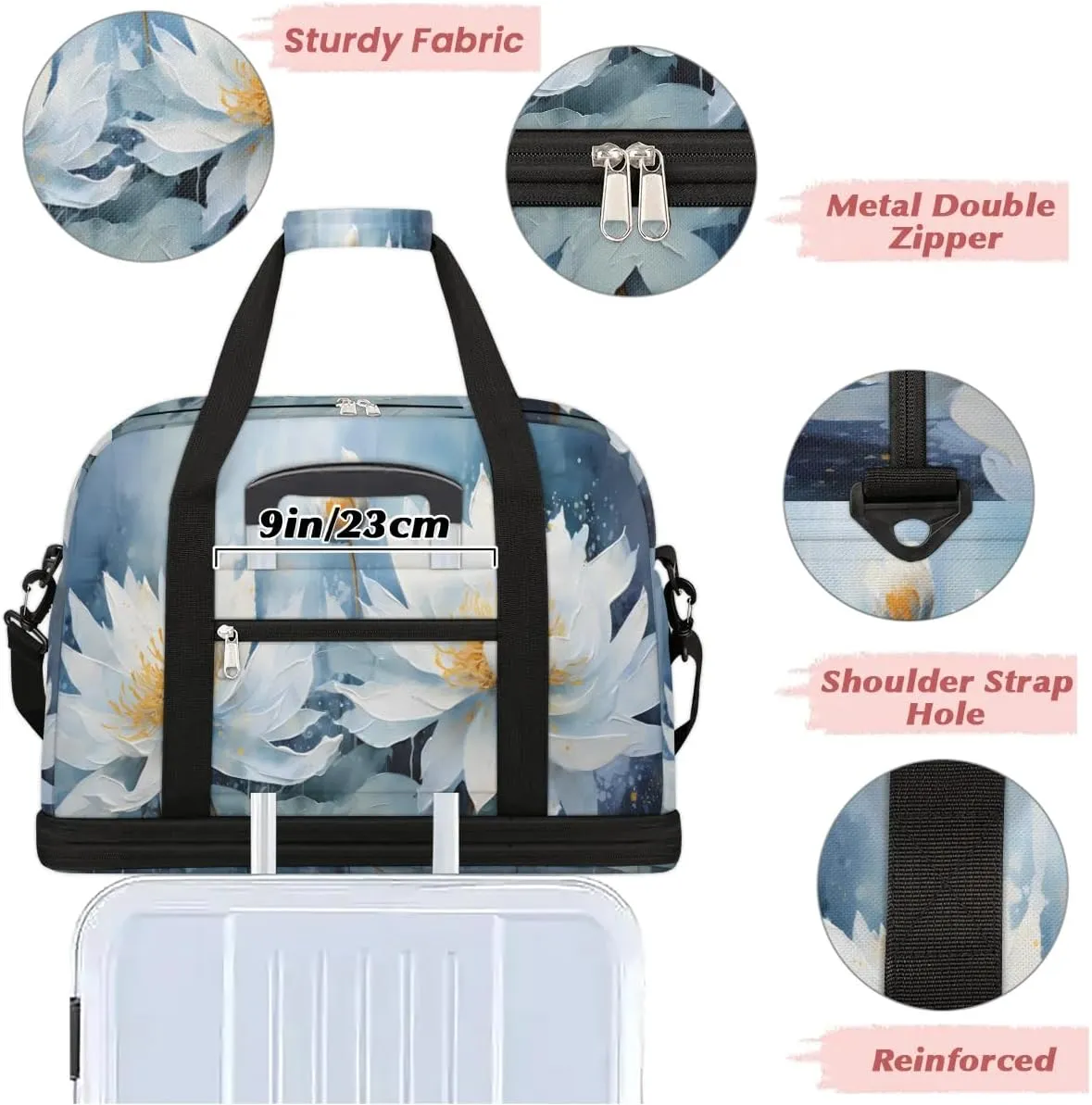 Delicate Flora Print Magritte Travel Duffle Bag, Collapsible Travel Bag Sports Gym Bag With Shoes Compartment Weekender Bag Overnight Bag For Women Men