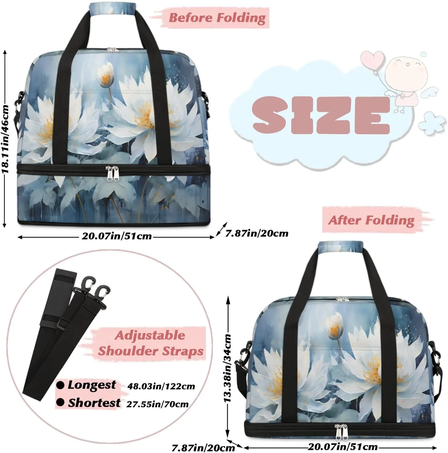 Delicate Flora Print Magritte Travel Duffle Bag, Collapsible Travel Bag Sports Gym Bag With Shoes Compartment Weekender Bag Overnight Bag For Women Men