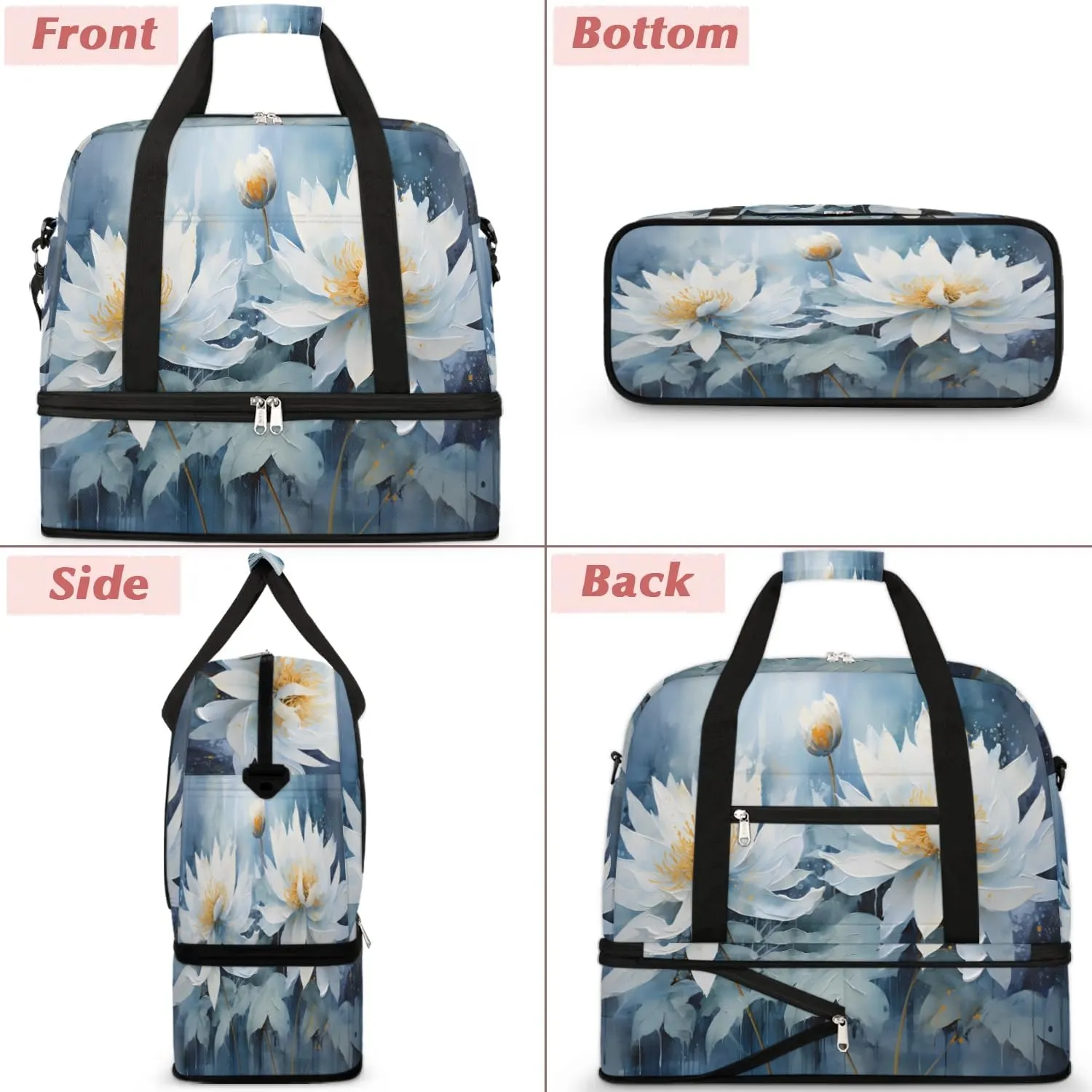 Delicate Flora Print Magritte Travel Duffle Bag, Collapsible Travel Bag Sports Gym Bag With Shoes Compartment Weekender Bag Overnight Bag For Women Men