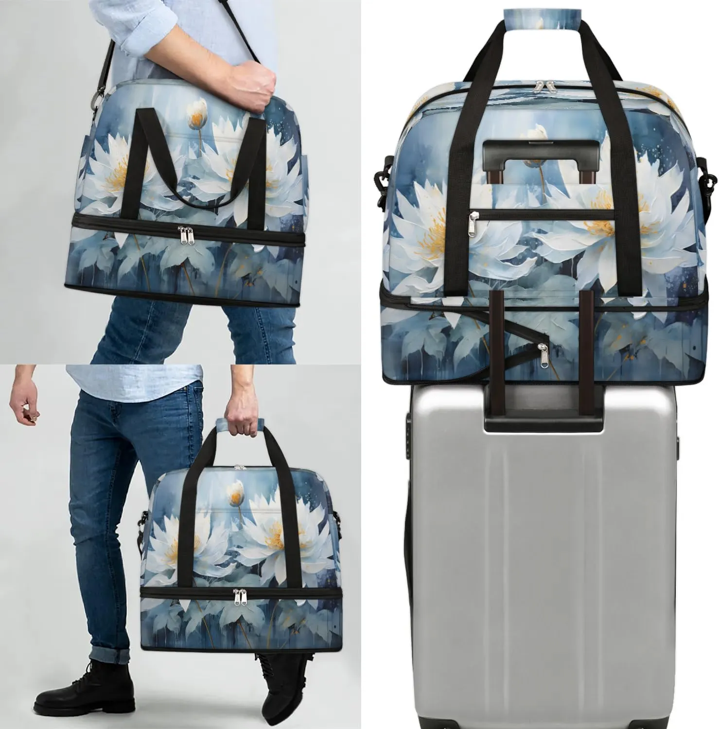 Delicate Flora Print Magritte Travel Duffle Bag, Collapsible Travel Bag Sports Gym Bag With Shoes Compartment Weekender Bag Overnight Bag For Women Men
