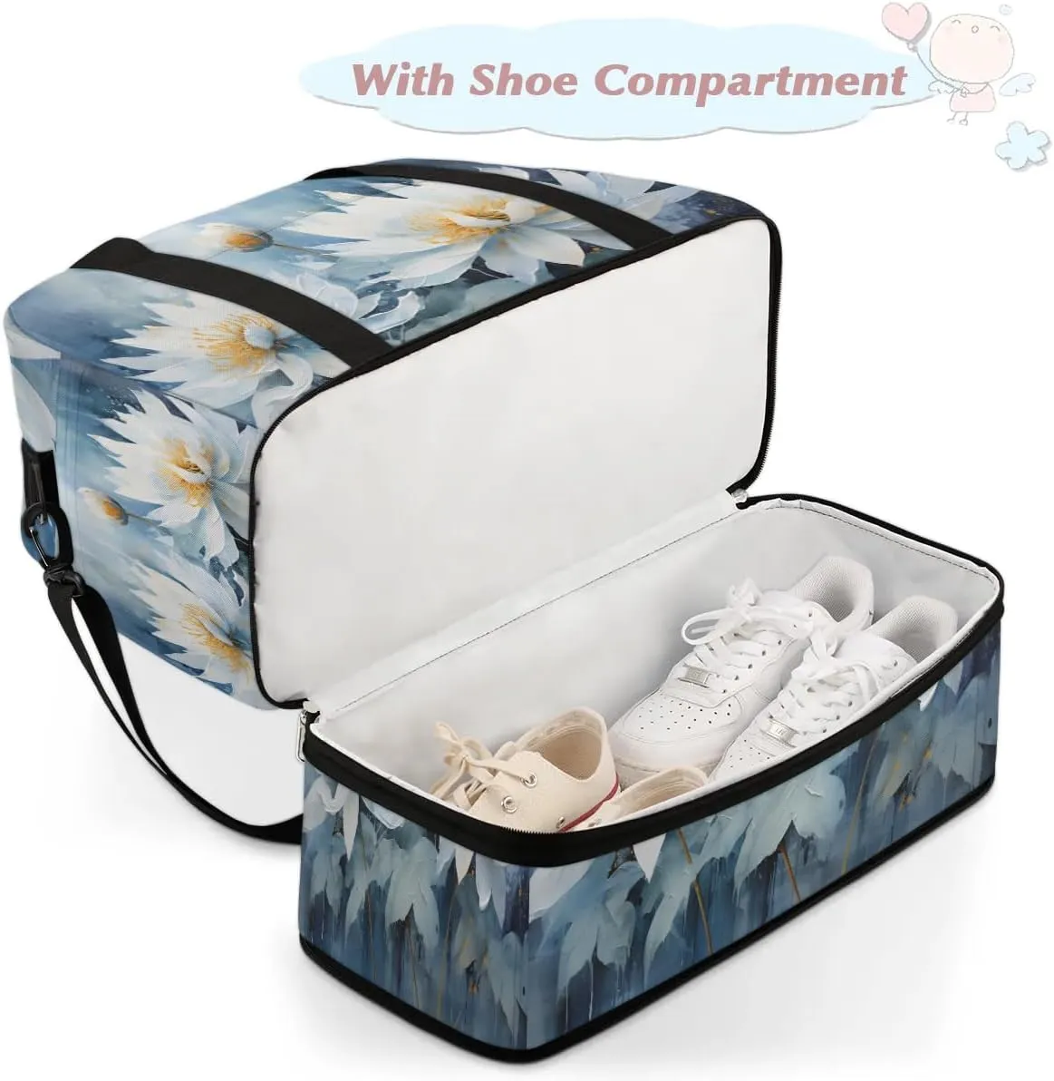 Delicate Flora Print Magritte Travel Duffle Bag, Collapsible Travel Bag Sports Gym Bag With Shoes Compartment Weekender Bag Overnight Bag For Women Men