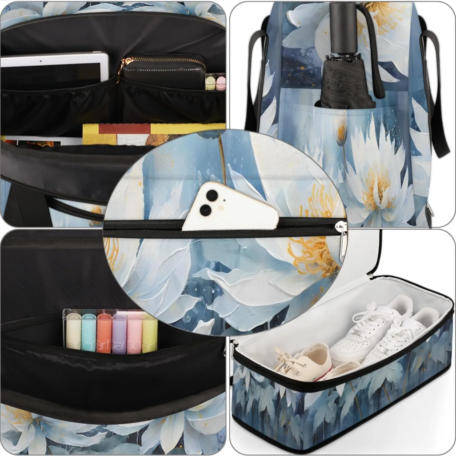 Delicate Flora Print Magritte Travel Duffle Bag, Collapsible Travel Bag Sports Gym Bag With Shoes Compartment Weekender Bag Overnight Bag For Women Men