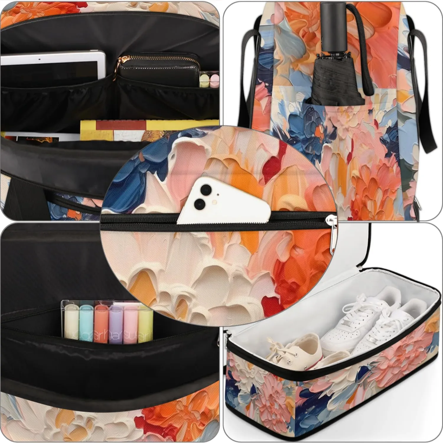 Delicate Flora Print Retro Travel Duffle Bag, Collapsible Travel Bag Sports Gym Bag With Shoes Compartment Weekender Bag Overnight Bag For Women Men