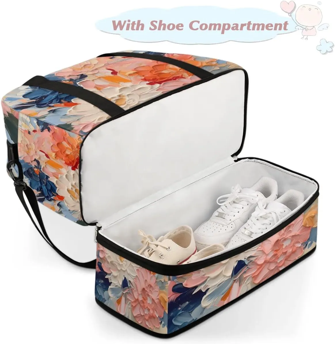 Delicate Flora Print Retro Travel Duffle Bag, Collapsible Travel Bag Sports Gym Bag With Shoes Compartment Weekender Bag Overnight Bag For Women Men