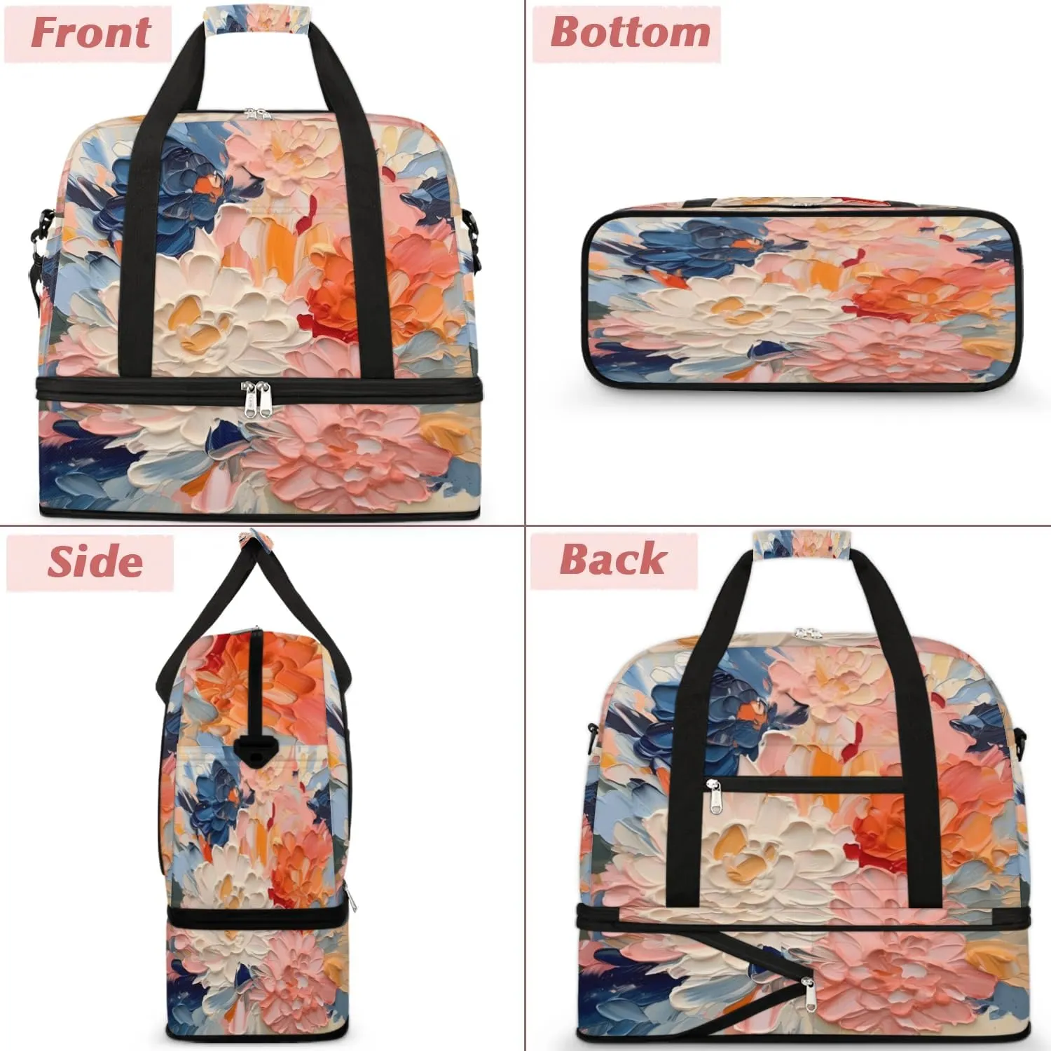 Delicate Flora Print Retro Travel Duffle Bag, Collapsible Travel Bag Sports Gym Bag With Shoes Compartment Weekender Bag Overnight Bag For Women Men