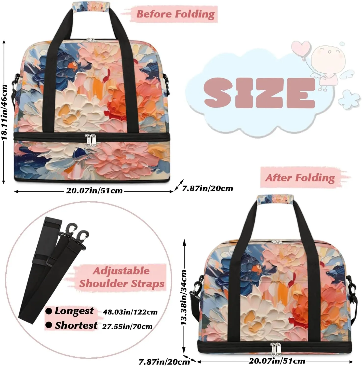 Delicate Flora Print Retro Travel Duffle Bag, Collapsible Travel Bag Sports Gym Bag With Shoes Compartment Weekender Bag Overnight Bag For Women Men