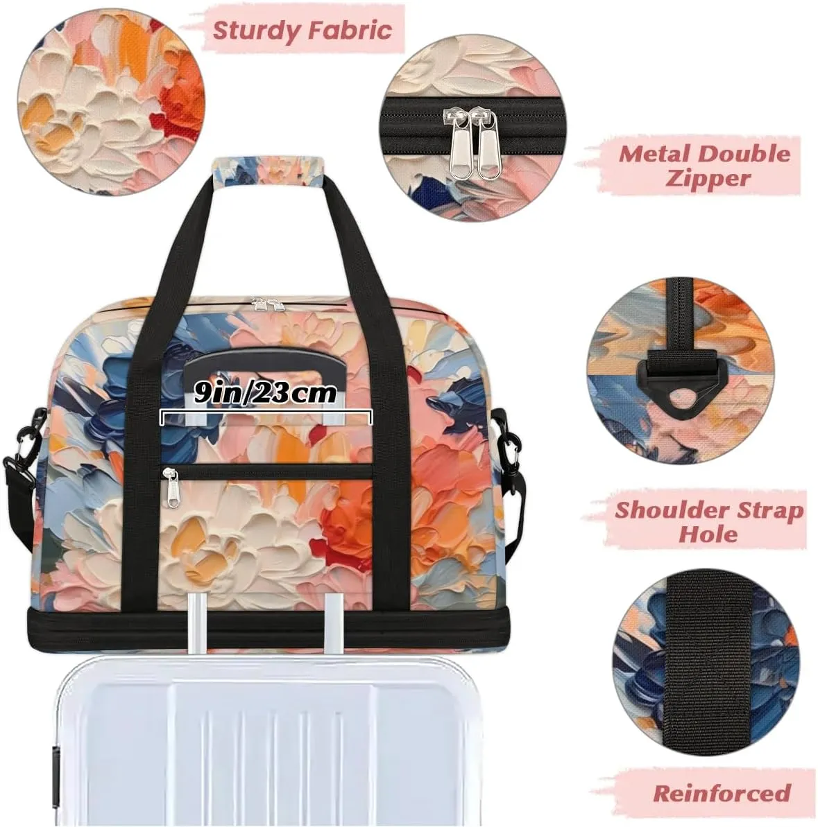Delicate Flora Print Retro Travel Duffle Bag, Collapsible Travel Bag Sports Gym Bag With Shoes Compartment Weekender Bag Overnight Bag For Women Men