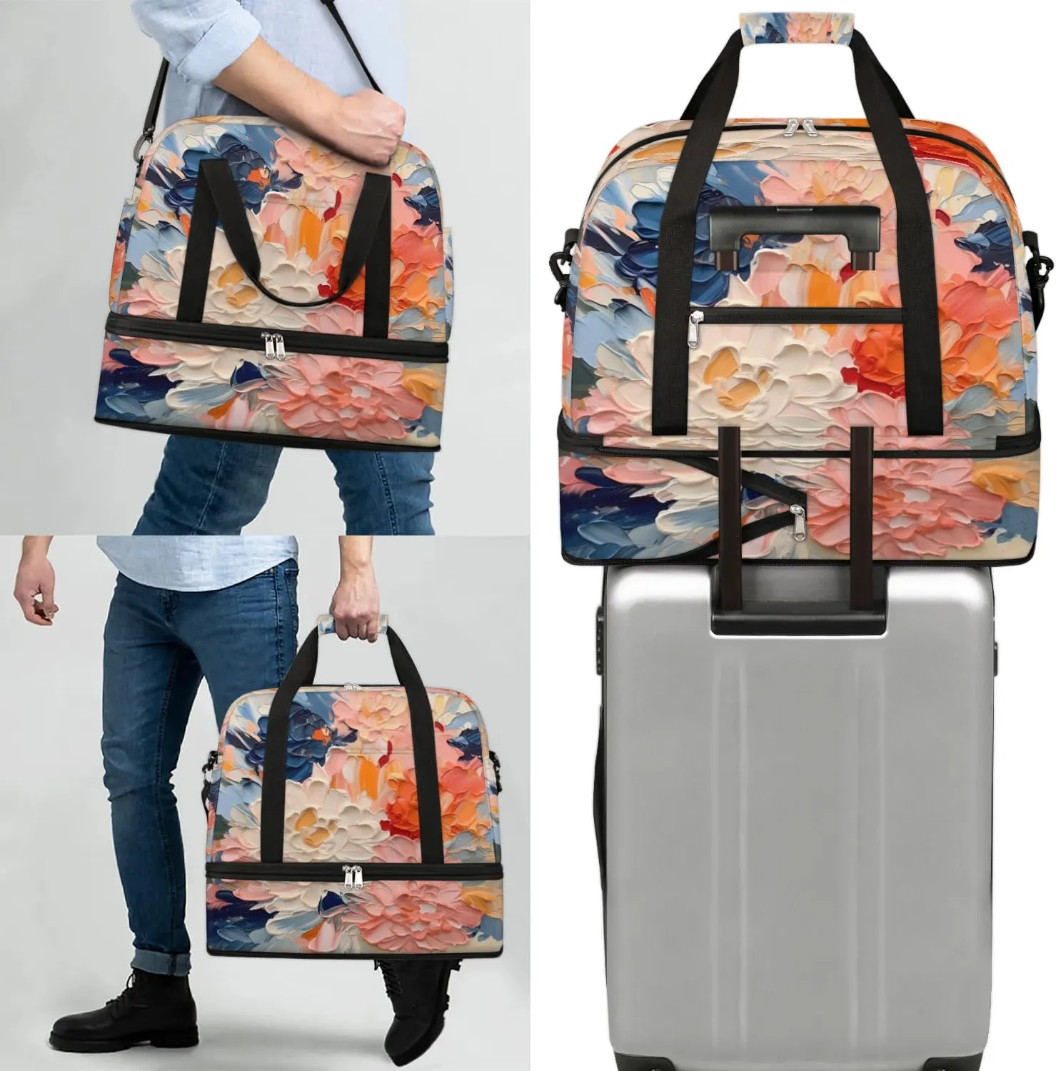 Delicate Flora Print Retro Travel Duffle Bag, Collapsible Travel Bag Sports Gym Bag With Shoes Compartment Weekender Bag Overnight Bag For Women Men