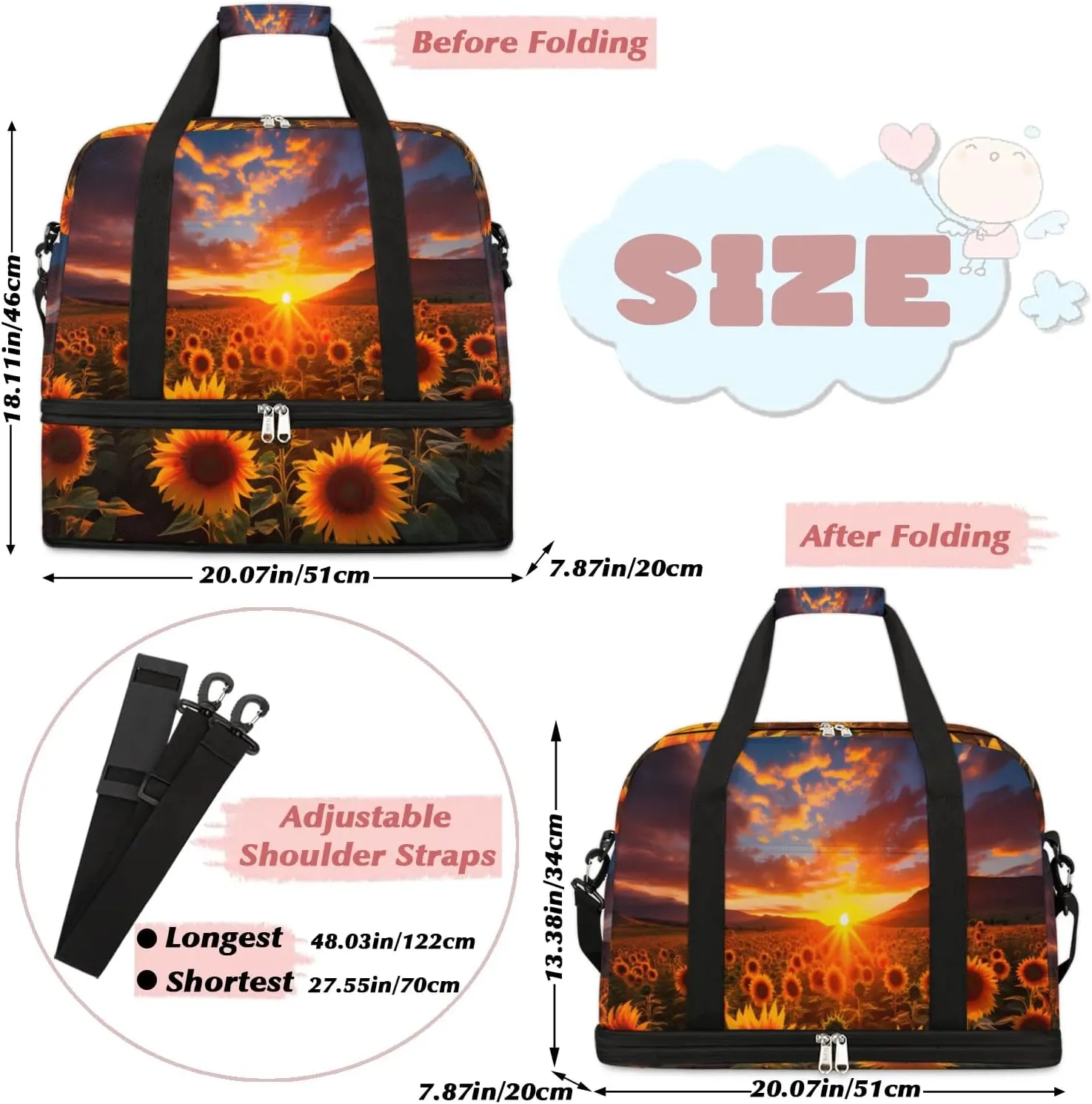 Delicate Flora Print Sunflower Travel Duffle Bag, Collapsible Travel Bag Sports Gym Bag With Shoes Compartment Weekender Bag Overnight Bag For Women Men