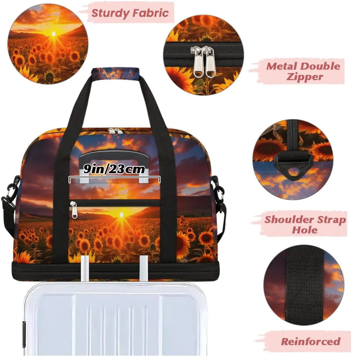 Delicate Flora Print Sunflower Travel Duffle Bag, Collapsible Travel Bag Sports Gym Bag With Shoes Compartment Weekender Bag Overnight Bag For Women Men