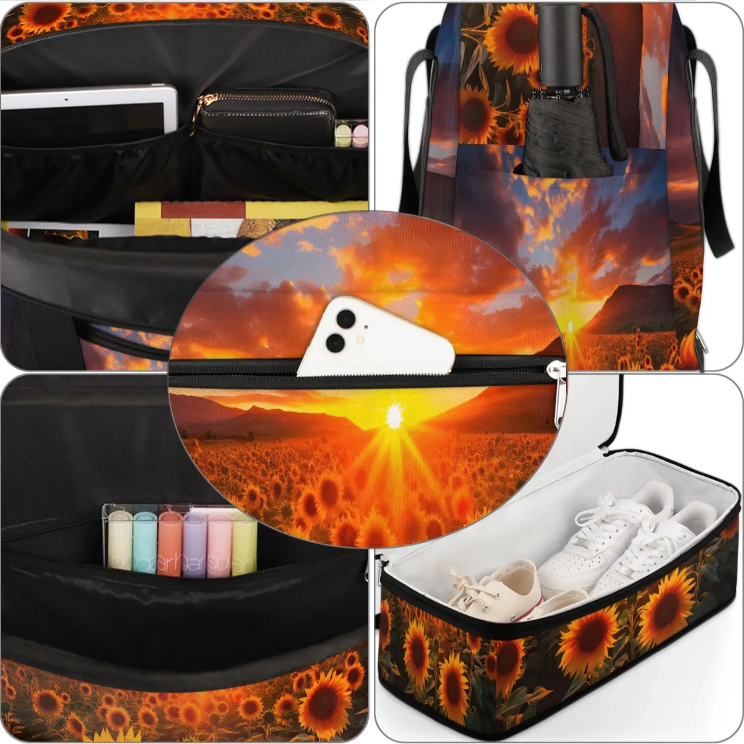 Delicate Flora Print Sunflower Travel Duffle Bag, Collapsible Travel Bag Sports Gym Bag With Shoes Compartment Weekender Bag Overnight Bag For Women Men