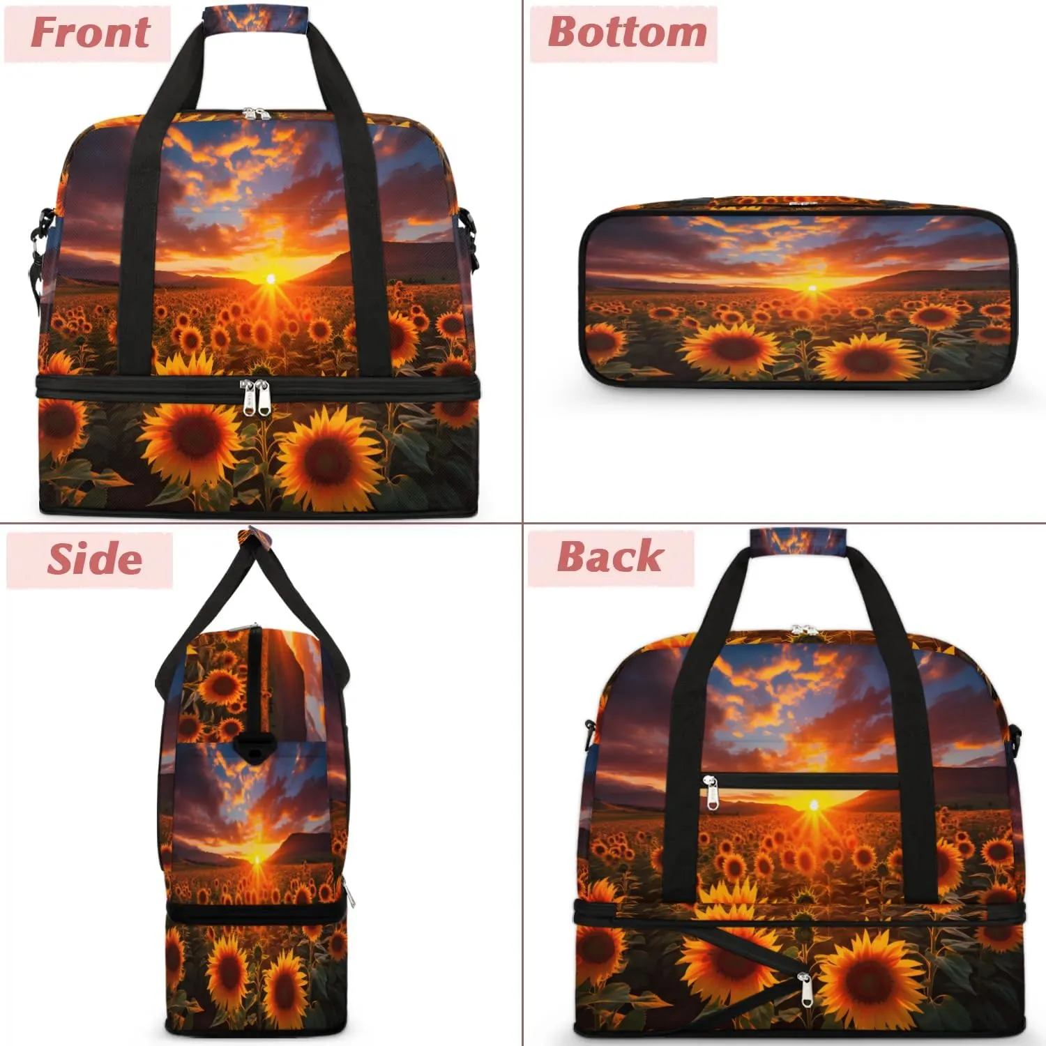 Delicate Flora Print Sunflower Travel Duffle Bag, Collapsible Travel Bag Sports Gym Bag With Shoes Compartment Weekender Bag Overnight Bag For Women Men