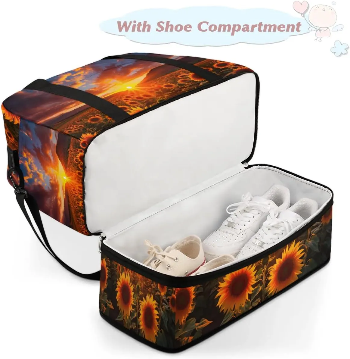 Delicate Flora Print Sunflower Travel Duffle Bag, Collapsible Travel Bag Sports Gym Bag With Shoes Compartment Weekender Bag Overnight Bag For Women Men